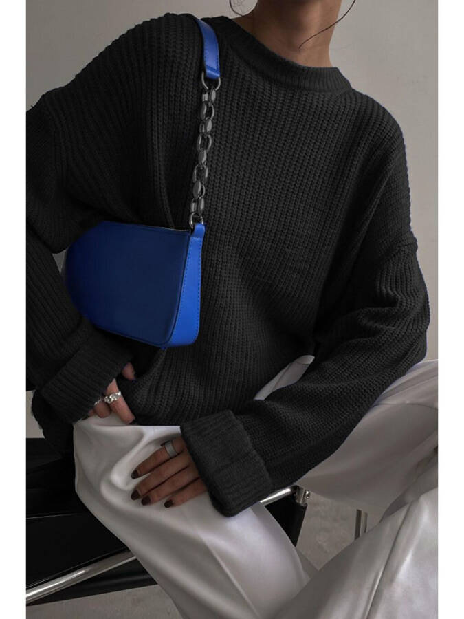 Siyah Bisiklet Yaka Basic Kazak Mg1264-Siyah - 1