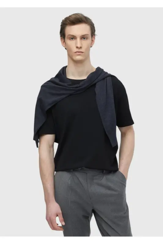 Siyah Bisiklet Yaka Düz Örgü Triko-Siyah - 1