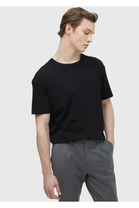 Siyah Bisiklet Yaka Düz Örgü Triko-Siyah - 3