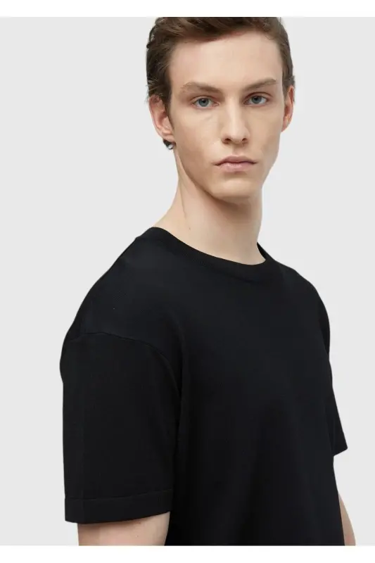 Siyah Bisiklet Yaka Düz Örgü Triko-Siyah - 5