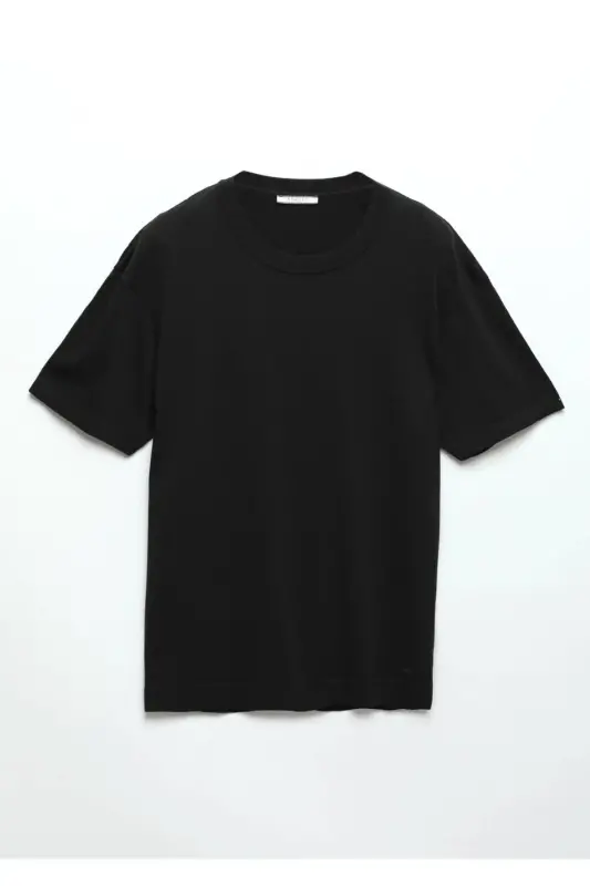 Siyah Bisiklet Yaka Düz Örgü Triko-Siyah - 7