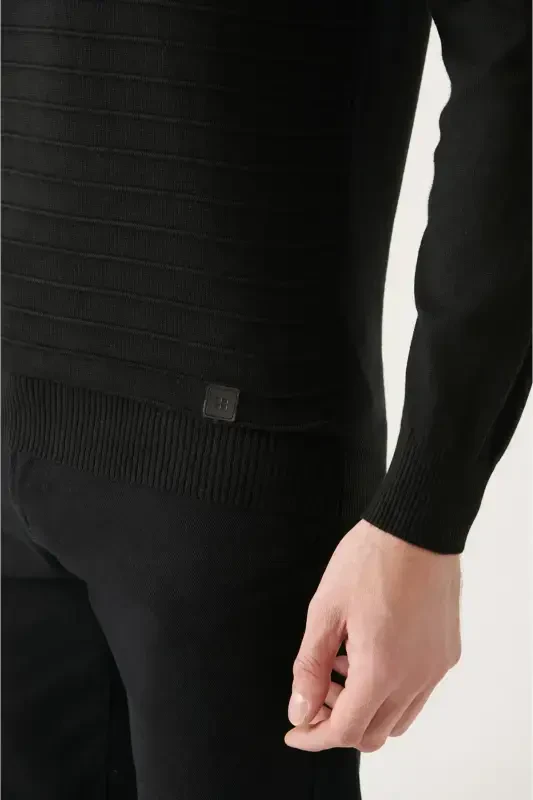 Erkek Siyah Bisiklet Yaka Pamuklu Triko Kazak A22Y5074-Siyah - 3