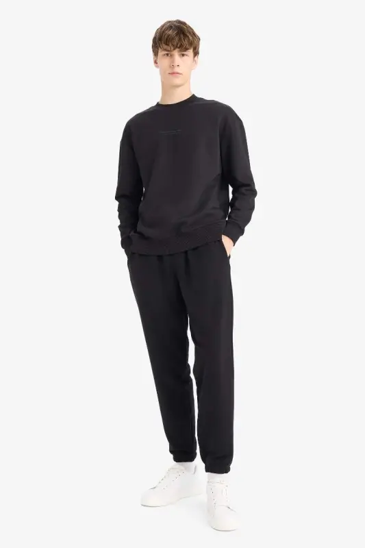 Boxy Fit Bisiklet Yaka Baskılı Sweatshirt-Siyah - 2