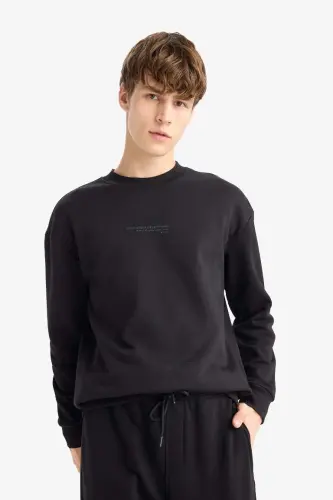 Boxy Fit Bisiklet Yaka Baskılı Sweatshirt-Siyah - 3