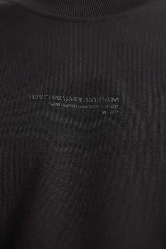 Boxy Fit Bisiklet Yaka Baskılı Sweatshirt-Siyah - 4