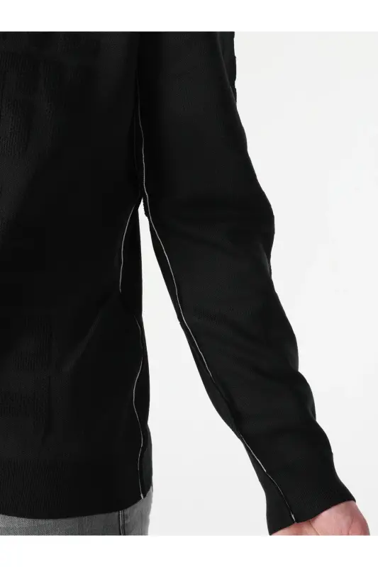 Regular Fit Yuvarlak Yaka Jakarlı Erkek Siyah Kazak - SİYAH - 6