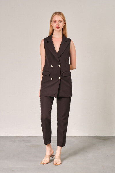 Siyah Blazer Yelek Boru Paça Pantolon Atlas Kumaş Takım Elbise-Siyah - 3