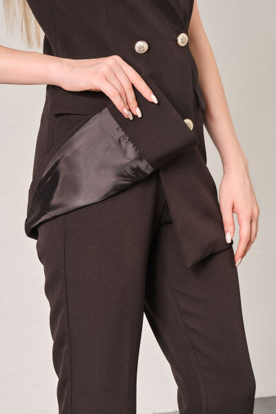 Siyah Blazer Yelek Boru Paça Pantolon Atlas Kumaş Takım Elbise-Siyah - 5