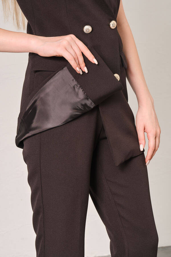 Siyah Blazer Yelek Boru Paça Pantolon Atlas Kumaş Takım Elbise-Siyah - 5