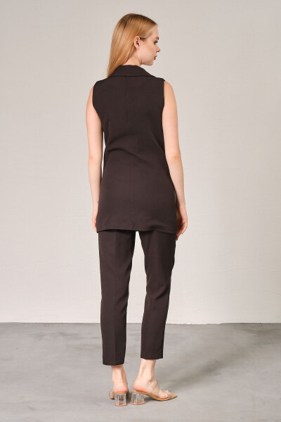 Siyah Blazer Yelek Boru Paça Pantolon Atlas Kumaş Takım Elbise-Siyah - 6