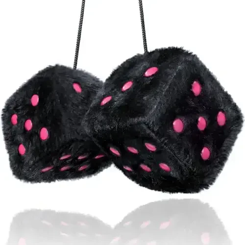 Black Fuzzy Dice Car Accessories – Plush Cute Pink Car Accessories for Interior - Plush Rear View Mirror Hanging Ornament Decorations - Retro Y2K McBling 2000s Aesthetic Decor - (Black Pink) - BLACK