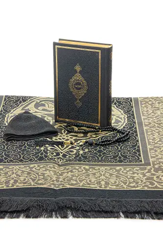 Siyah Çeyizlik Damat Bohçasına Uygun Termo Deri Kuranı Kerim Hediyelik Seccade Seti - Siyah - 5