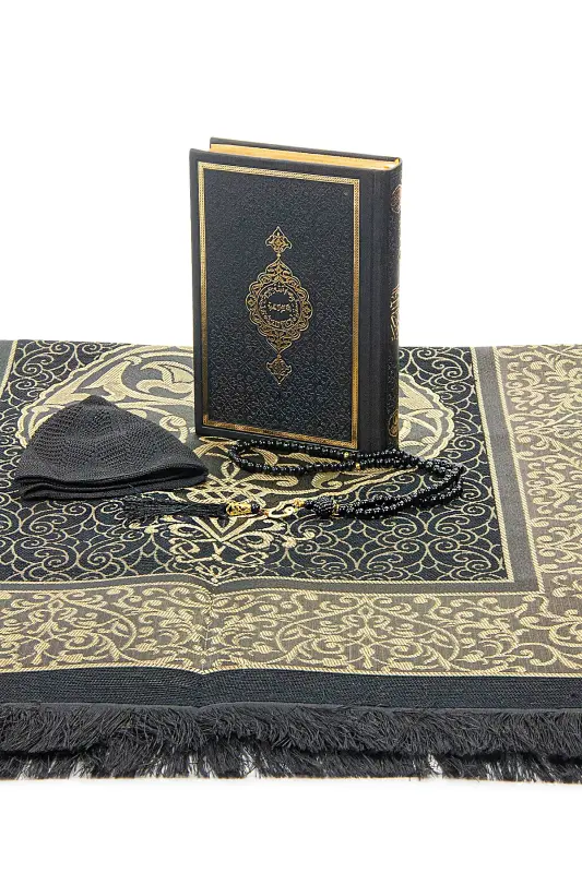 Siyah Çeyizlik Damat Bohçasına Uygun Termo Deri Kuranı Kerim Hediyelik Seccade Seti - Siyah - 5