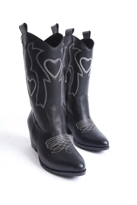 Siyah Cilt Deri Beyaz Kalp Nakışlı Kovboy Fermuarlı Western Kadın Çizme-Siyah Kalp Beyaz - 4