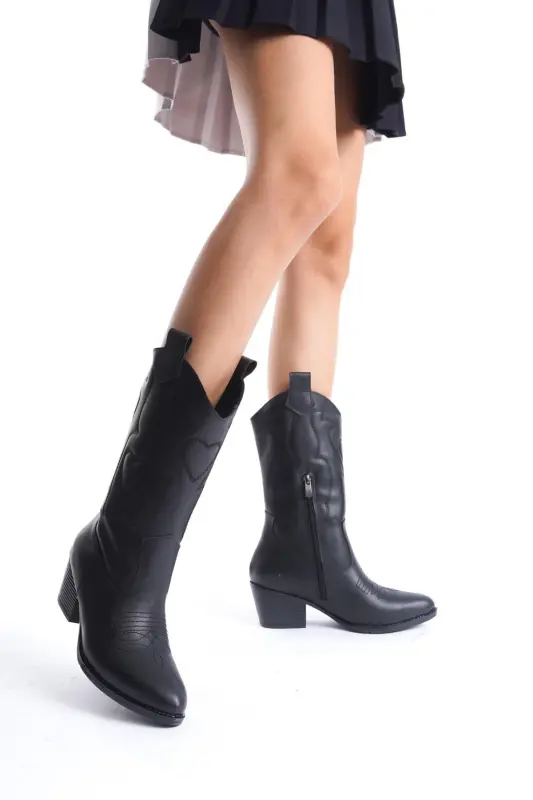 Siyah Cilt Deri Kalp Nakışlı Kovboy Fermuarlı Western Kadın Çizme-Siyah Kalp - 3