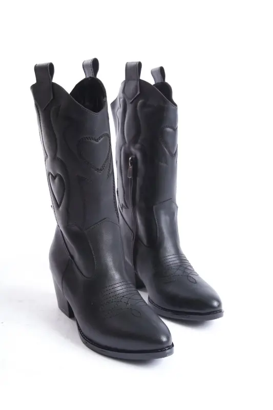 Siyah Cilt Deri Kalp Nakışlı Kovboy Fermuarlı Western Kadın Çizme-Siyah Kalp - 4