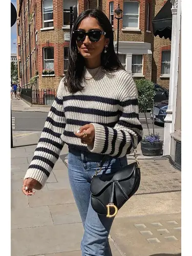 Siyah Çizgili Kadın Kazak Mg1298-Siyah - 1