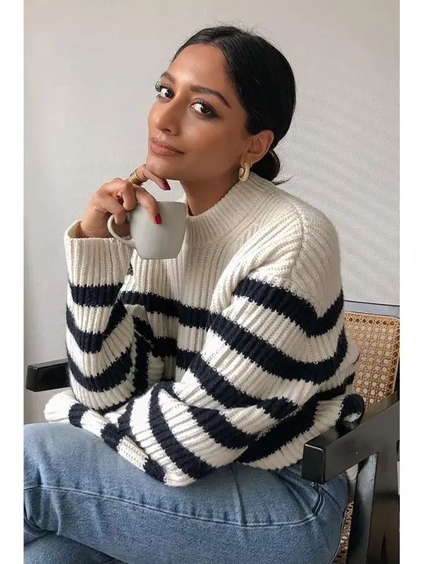 Siyah Çizgili Kadın Kazak Mg1298-Siyah - 6