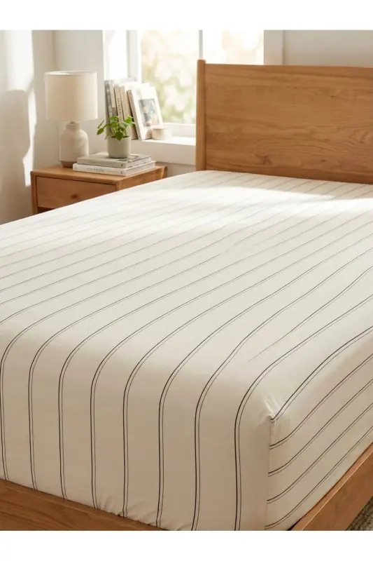 Siyah Çizgili Lastikli Çarşaf Yastık Kılıfı Pamuklu Tek Kişilik - Çift Kişilik - Battal-Siyah - 1