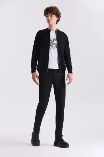 Siyah Classic Fit Düz Fermuarlı Dik Yaka Triko Hırka - Jakamen (1)