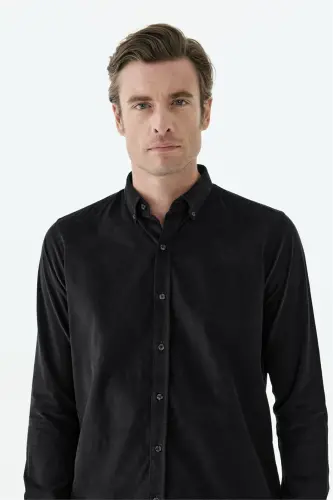Siyah Comfort Fit %100 Pamuk Kadife Gömlek - 3