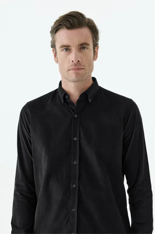 Siyah Comfort Fit %100 Pamuk Kadife Gömlek - 3