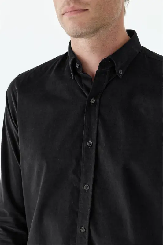 Siyah Comfort Fit %100 Pamuk Kadife Gömlek - 4