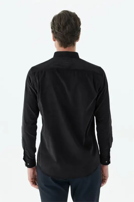 Siyah Comfort Fit %100 Pamuk Kadife Gömlek - 5