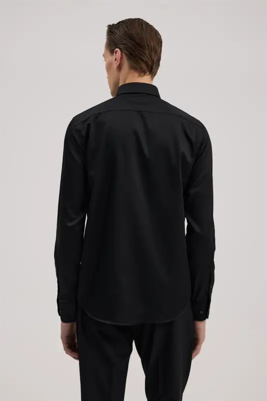 Siyah Comfort Fit %100 Pamuk Ütü Gerektirmeyen Non İron Gömlek - 4