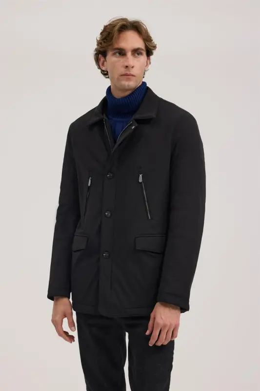 Siyah Comfort Fit Bebe Yaka Fermuarlı Mont - 1