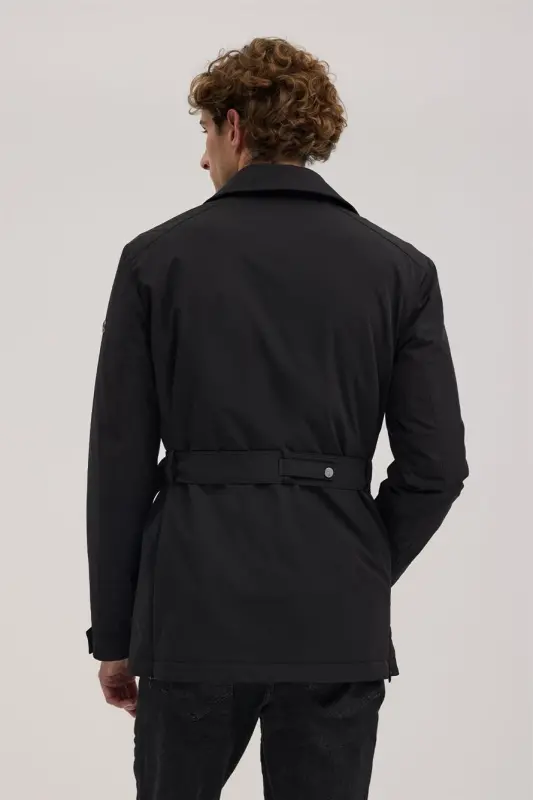 Siyah Comfort Fit Bebe Yaka Kemerli Mont - 5