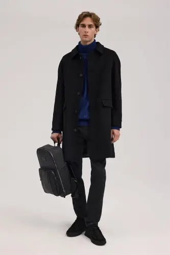 Siyah Comfort Fit Bebe Yaka Yünlü Kaban 