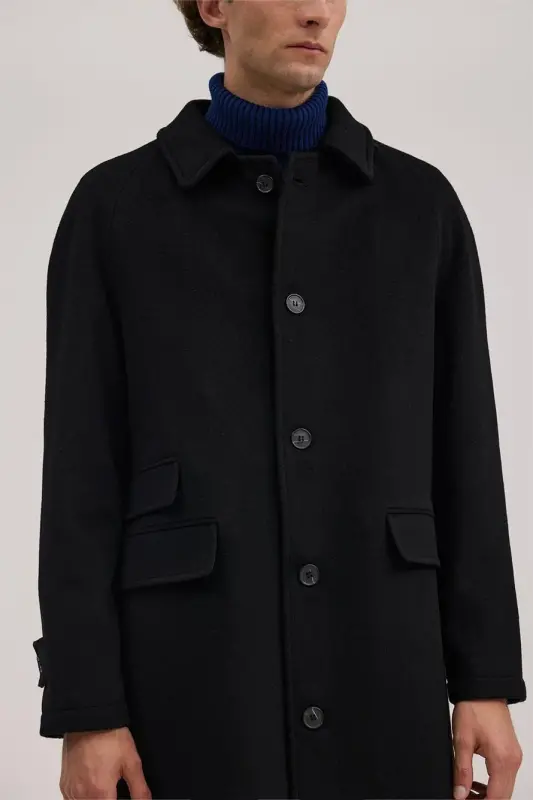 Siyah Comfort Fit Bebe Yaka Yünlü Kaban - 3