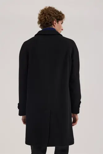 Siyah Comfort Fit Bebe Yaka Yünlü Kaban - 4