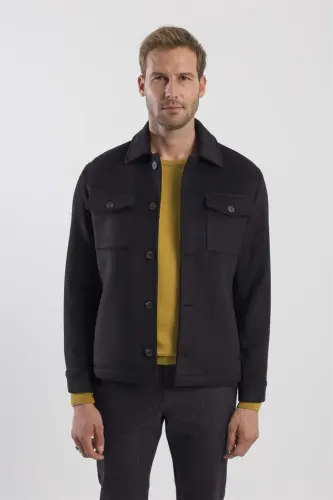 Siyah Comfort Fit Bebe Yaka Yünlü Mont - 1