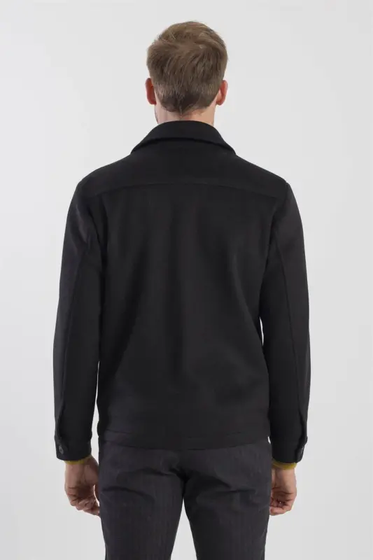 Siyah Comfort Fit Bebe Yaka Yünlü Mont - 4