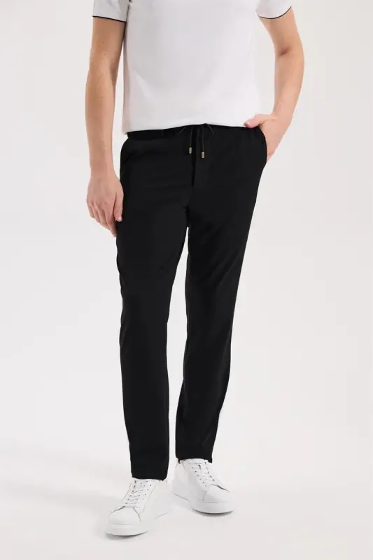 Siyah Comfort Fit Beli Lastikli Esnek Kumaş Jogger Pantolon - 1