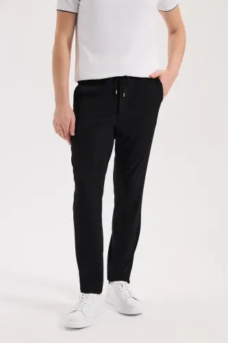 Siyah Comfort Fit Beli Lastikli Esnek Kumaş Jogger Pantolon - 1