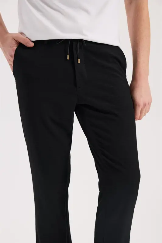 Siyah Comfort Fit Beli Lastikli Esnek Kumaş Jogger Pantolon - 3