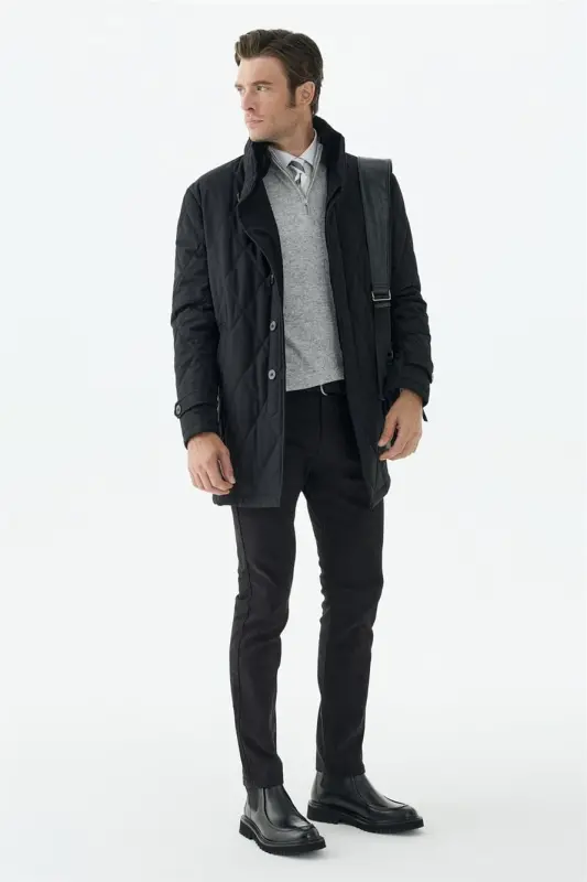 Siyah Comfort Fit Berberi Yaka Fermuarlı Mont - 2