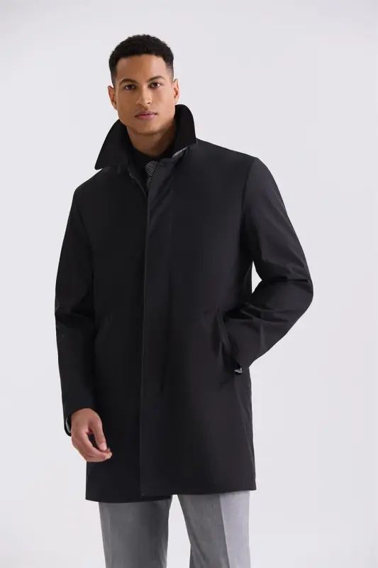 Siyah Comfort Fit Berberi Yaka Gizli Düğmeli Mont - 4