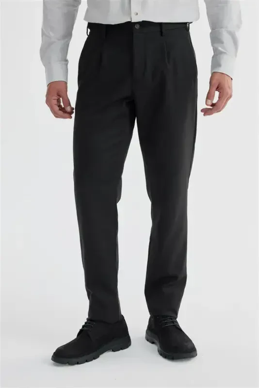 Siyah Comfort Fit Çift Pileli Beli Tokalı Pamuklu Kanvas Pantolon - 1