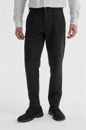 Siyah Comfort Fit Çift Pileli Beli Tokalı Pamuklu Kanvas Pantolon - 1