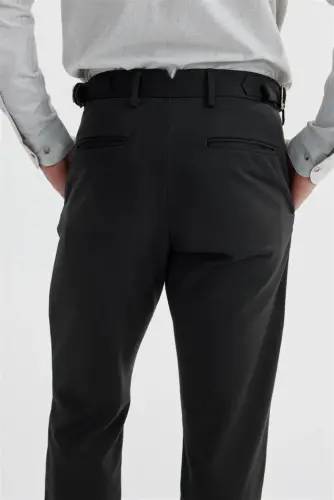 Siyah Comfort Fit Çift Pileli Beli Tokalı Pamuklu Kanvas Pantolon - 4