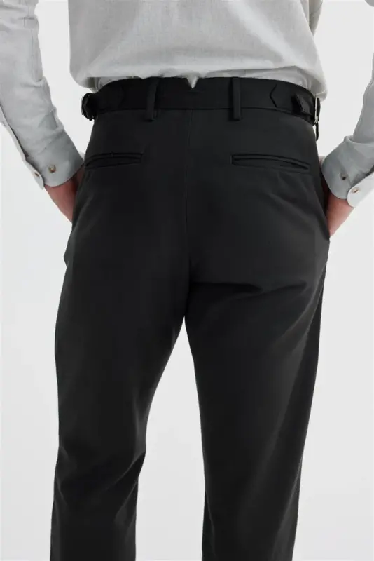 Siyah Comfort Fit Çift Pileli Beli Tokalı Pamuklu Kanvas Pantolon - 4