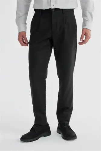 Siyah Comfort Fit Çift Pileli Beli Tokalı Pamuklu Kanvas Pantolon - 1
