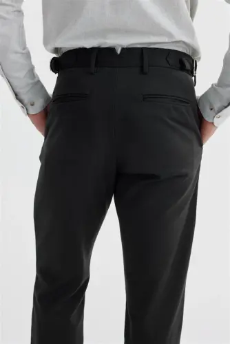 Siyah Comfort Fit Çift Pileli Beli Tokalı Pamuklu Kanvas Pantolon - 4