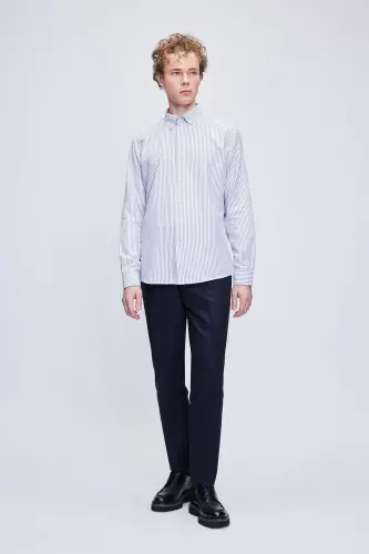 Siyah Comfort Fit Çizgili Pamuklu Düğmeli Yaka Uzun Kollu Casual Gömlek-Siyah - 2