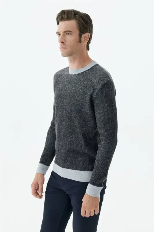 Siyah Comfort Fit Desenli Bisiklet Yaka Triko - 2