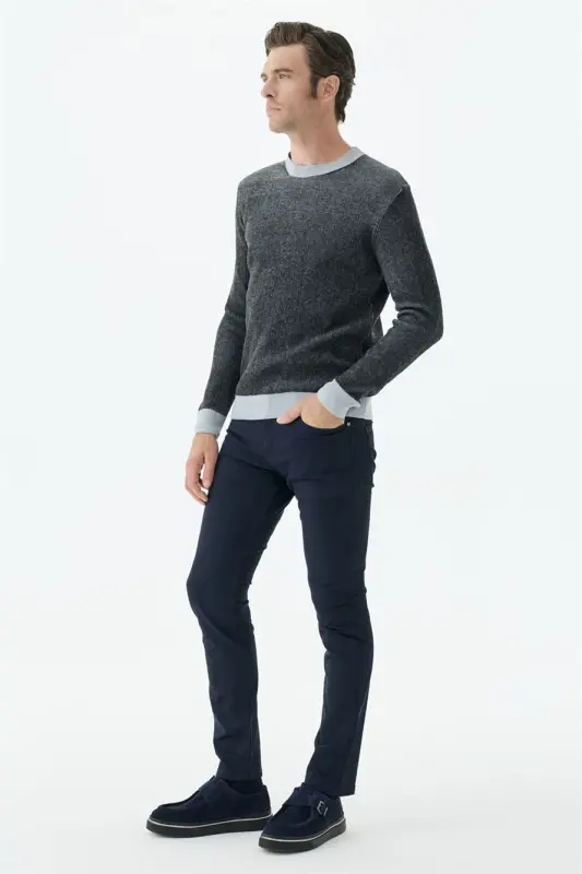 Siyah Comfort Fit Desenli Bisiklet Yaka Triko - 3